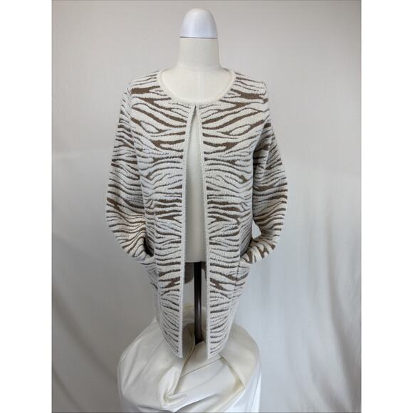 NWT Kamana "Fur" Ivory/Brown Zebra Striped Long Open Cardigan Sweater #0685 XL - Picture 4 of 7